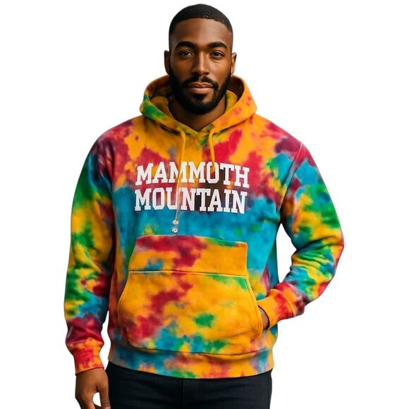 Mammoth Mountain Hoodie Sweatshirt Men's Size L Multi Tie Dye Fleece Pullover - Picture 1 of 11